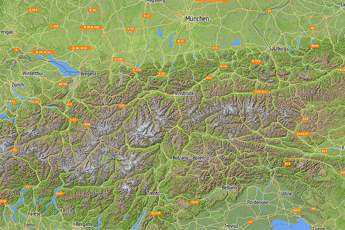 Mappa in rilievo delle Alpi Orientali