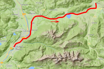 Mappa del tour in bicicletta da Kufstein a Kössen